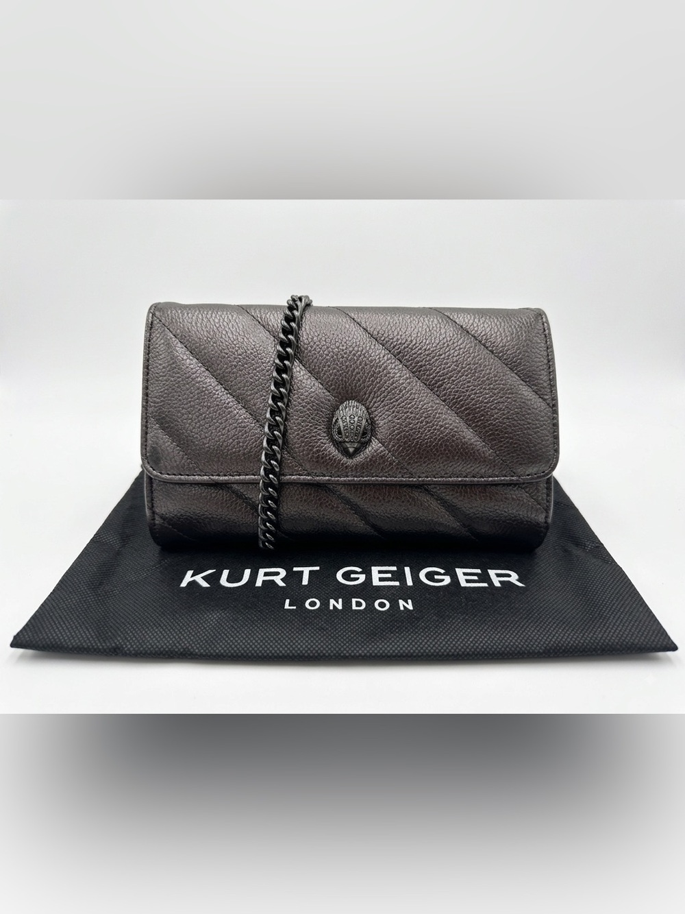 NWOT Kurt Geiger London Soho Leather Chain Wallet Crossbody Bag Gunmetal / Black